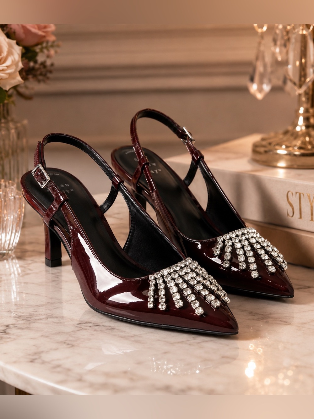 A New Day Serafina Burgundy Rhinestone Slingback Stiletto Heels NWT